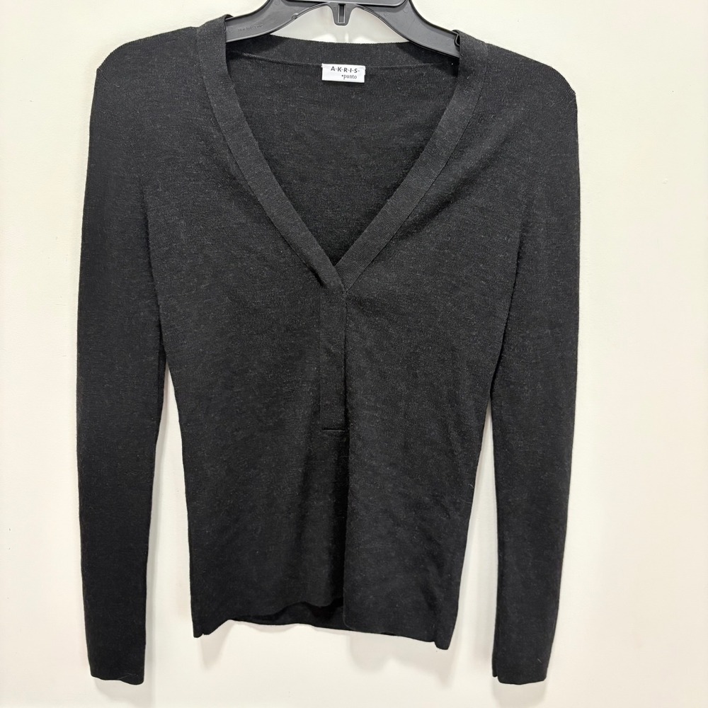 Akris Punto V-Neck Knit Top Women Gray Sz 6 Long Sleeve Pullover Sweater
